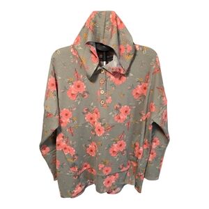 Floral Waffle-Knit Hooded Pullover Sweatshirt - Gray with Coral Flowers